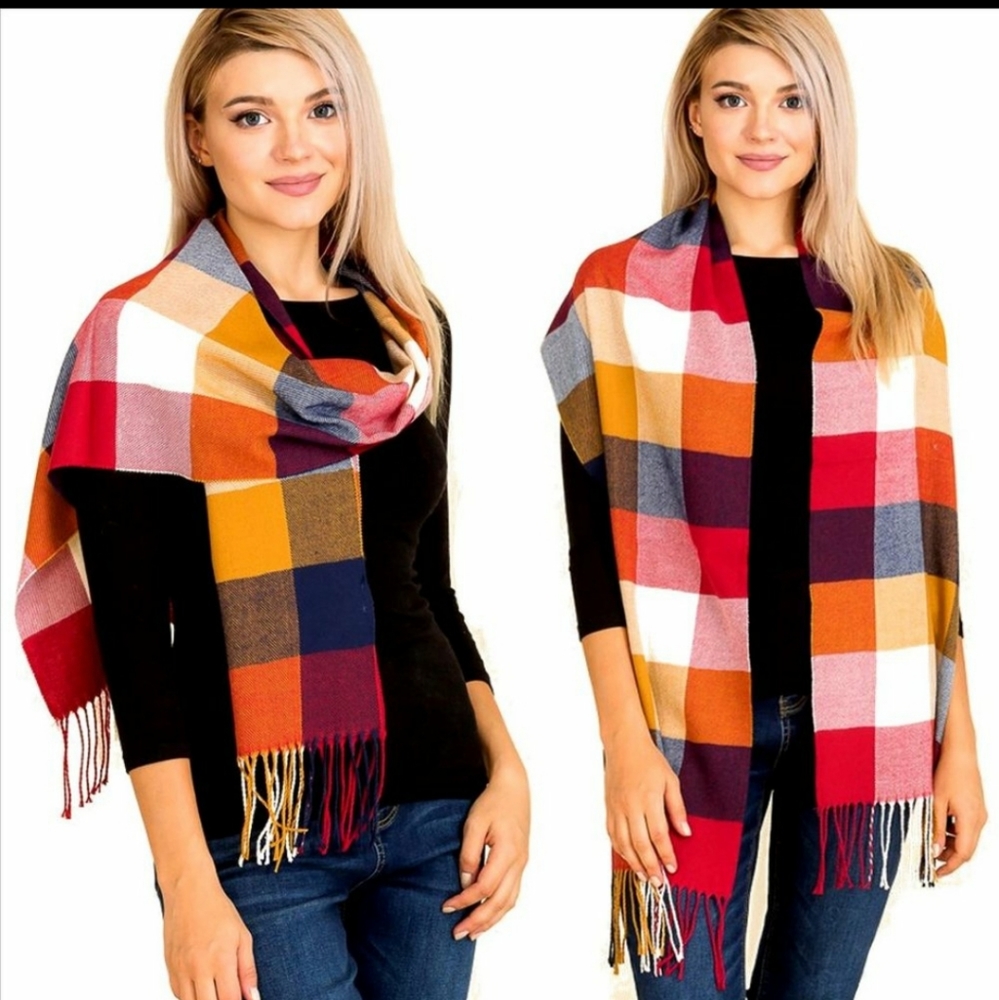 Plaid print oblong tassel scarve